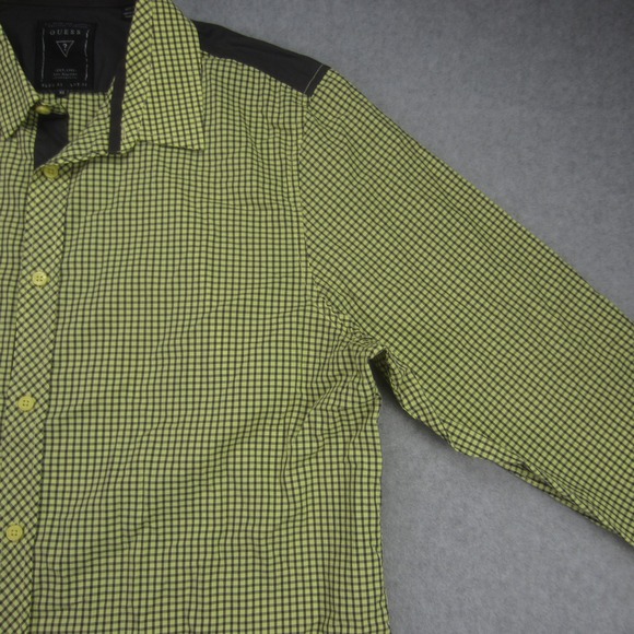 GUESS Shirt Mens XL Yellow Green Plaid Slim Fit Button Up Long Sleeve Casual UAE - Picture 4 of 16